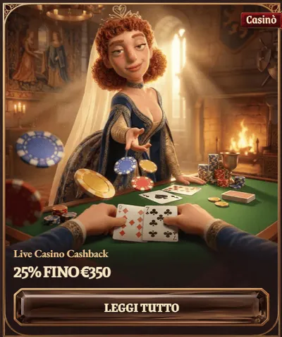 Live casino cashback 25 percento fino a 350 euro